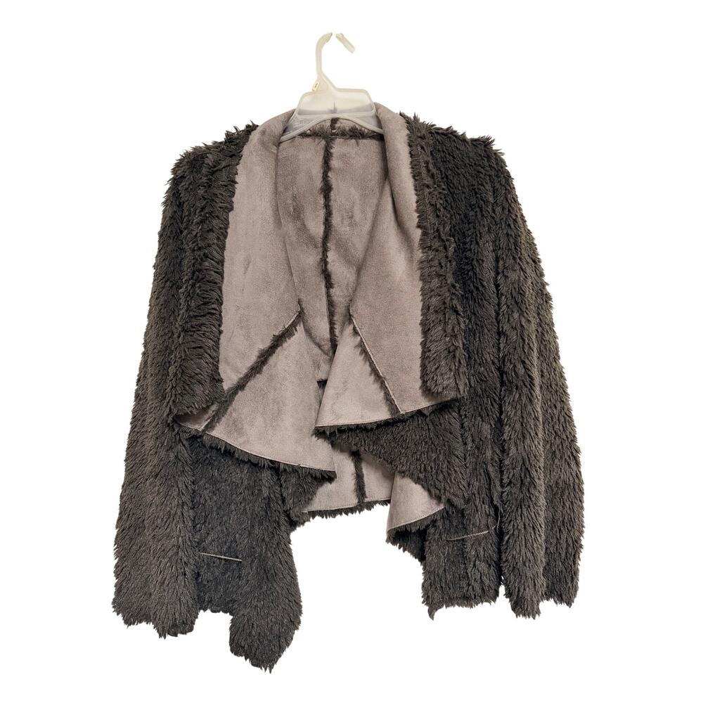 Fever Faux Fur Open Front Jacket L Brown Sherpa Lined Asymmetrical Hem Cozy - Picture 7 of 11